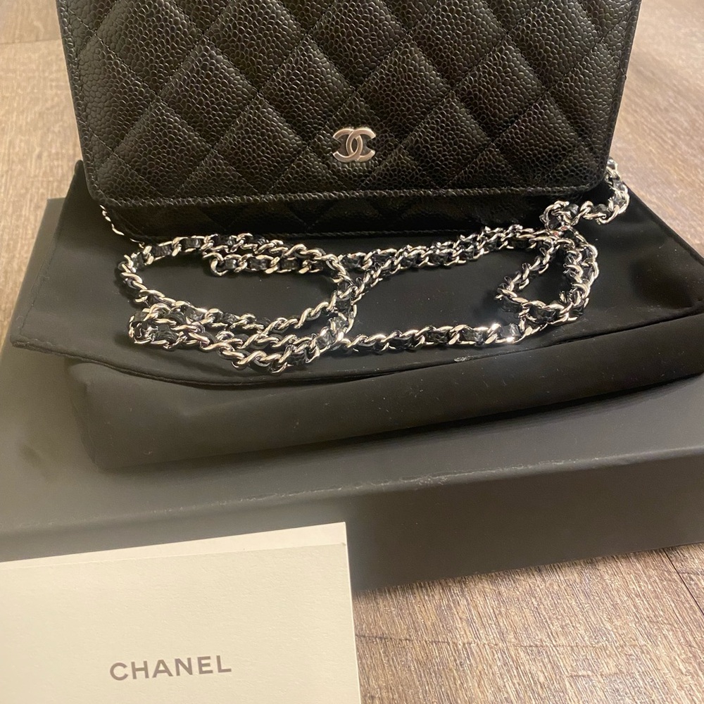 New Chanel Caviar Wallet on Chain in black with silver hardware